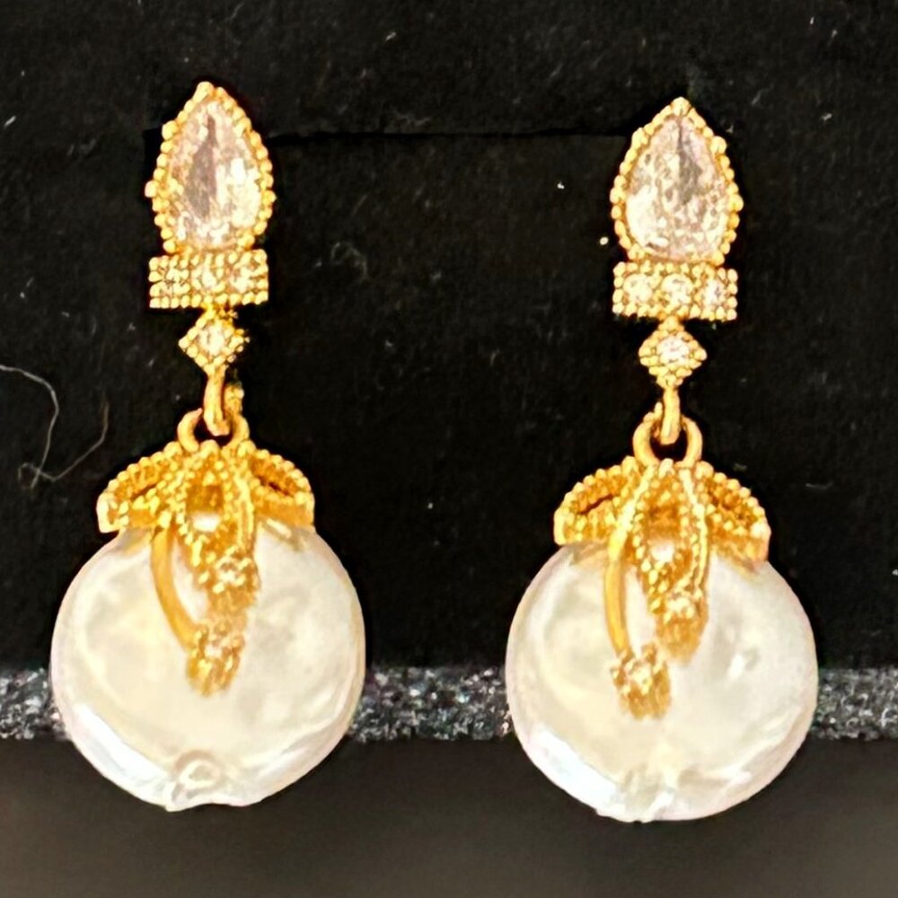 Gold Faux Pearl Drop Earrings with Clear Gem Accent | Dainty Dangle